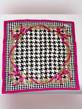 CELINE Paris Vintage Houndstooth Chain Ribbon Cotton Scarf 19”x19” Pink Black